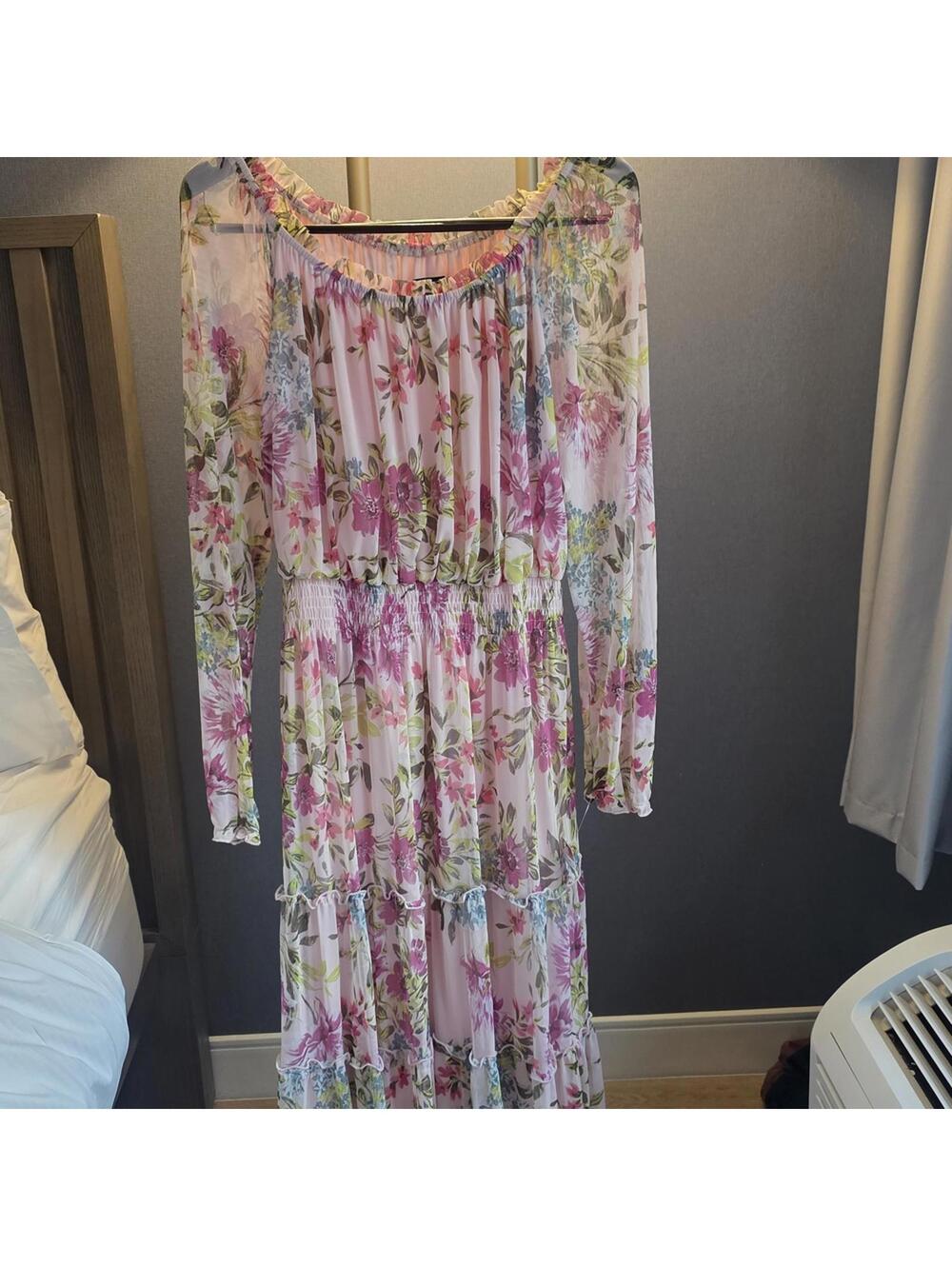 Kate & Lily Pink Floral Midi Dress with Sheer Long Sleeves and Elastic Waist, UK